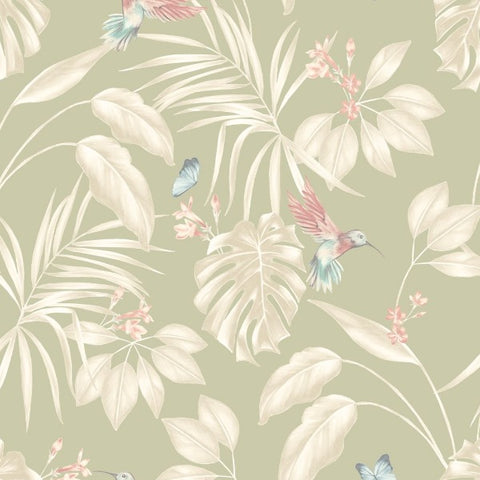 OHPOPSI Laid Bare Wallpaper Hummingbird Colourway Sage Tile Image