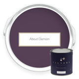 Two tins of About Damson dark purple eco paint from Victory Colours