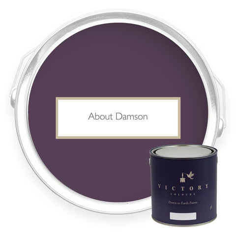 Two tins of About Damson dark purple eco paint from Victory Colours