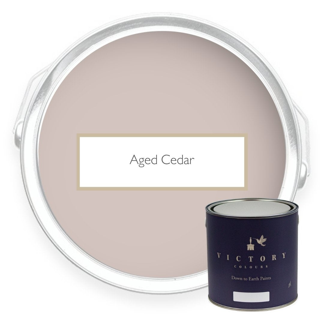 Two tins of Aged Cedar warm greige eco paint from Victory Colours
