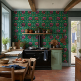 Green floral wallpaper in a kitchen, Alice Green by Olenka, with joinery painted in Peastachio