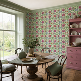Neutral floral wallpaper in a breakfast room, Alice Meadow by Olenka, with joinery painted in Bubble Gum