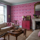 Pink floral wallpaper in a drawing room, Alice Tea Rose by Olenka, with joinery painted in Pink Kiss