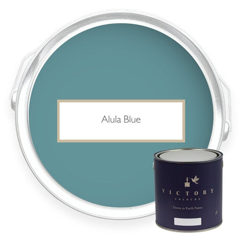Two tins of Alula Blue soft blue eco paint from Victory Colours