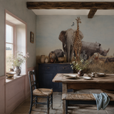 Blue wall mural in a dining room, African Elephant by WallArt, with joinery painted in Blueberry Tart