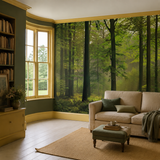 Green wall mural in a morning room, Autumn Forest 5419 by WallArt, with joinery painted in Meadow Lilly