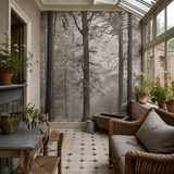 White wall mural in a garden room, Avalon 5401 by WallArt, with joinery painted in Roosters Blue