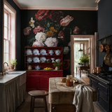 Yellow wall mural in a kitchen, Vase of Flowers 5466 De Heem by WallArt, with joinery painted in Dorothy's Slippers
