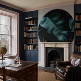 Teal wall mural in a library, Kubistika Jungle 5576 by WallArt, with joinery painted in Blueberry Tart