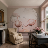 Neutral wall mural in a morning room, Flamingos at Sunset by Kvilis by WallArt, with joinery painted in Midnight Ink