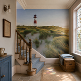 Purple wall mural in a landing, Lighthouse 5417 by WallArt, with joinery painted in Hyacinth Bucket