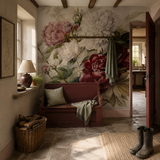 Orange wall mural in a hallway, Redoute: Bouquet of Flowers 5558 by WallArt, with joinery painted in Secret Cinema