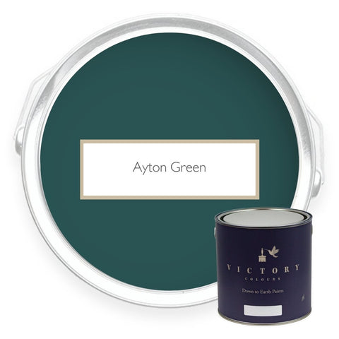 Two tins of Ayton Green deep green eco paint from Victory Colours