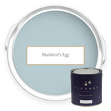 Two tins of Blackbird's Egg light blue grey eco paint from Victory Colours
