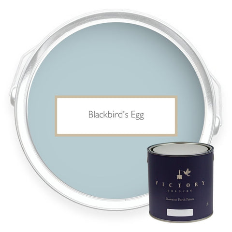 Two tins of Blackbird's Egg light blue grey eco paint from Victory Colours
