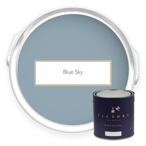 Two tins of Blue Sky grey blue eco paint from Victory Colours