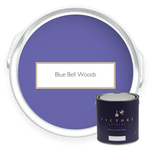 Two tins of Bluebell Wood deep lilac eco paint from Victory Colours