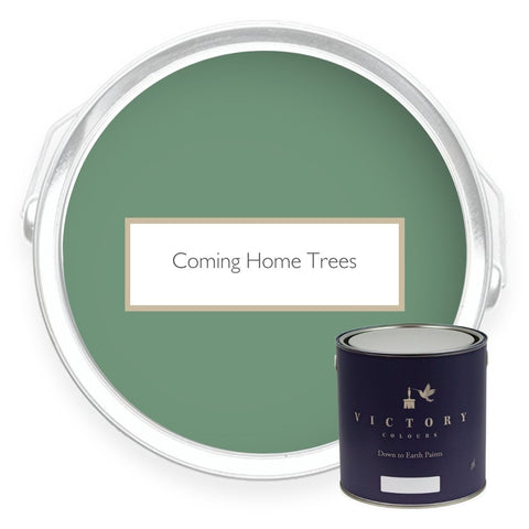 Two tins of Coming Home Trees green eco paint from Victory Colours