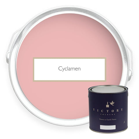 Two tins of Cyclamen pink eco paint from Victory Colours