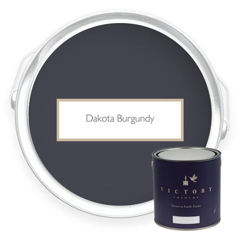 Two tins of Dakota Burgundy dark purple eco paint from Victory Colours