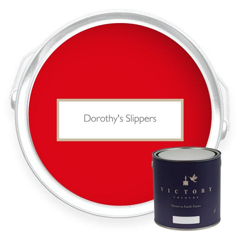 Two tins of Dorothy's Slippers red eco paint from Victory Colours
