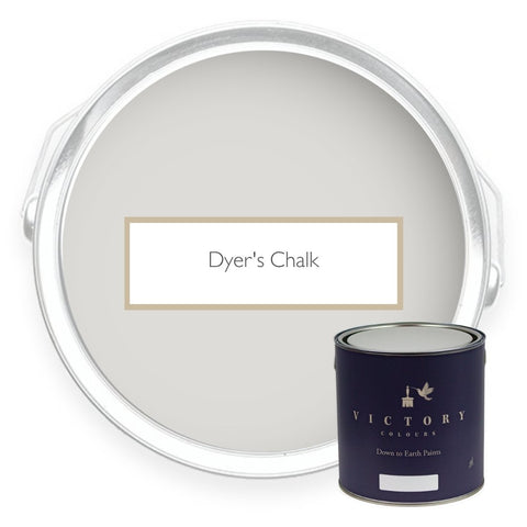 Two tins of Dyer's Chalk light grey eco paint from Victory Colours
