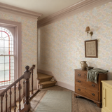 Coral abstract wallpaper in a landing, Elements Coral Pastel by OHPOPSI, with joinery painted in Arcadia