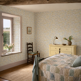 Neutral abstract wallpaper in a bedroom, Elements Duckegg & Linen by OHPOPSI, with joinery painted in Arcadia