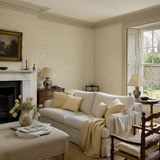 Neutral abstract wallpaper in a drawing room, Elements Linen by OHPOPSI, with joinery painted in Strangely Brown
