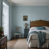 Blue abstract wallpaper in a bedroom, Elements Sky by OHPOPSI, with joinery painted in Rainforest Teal
