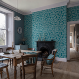 Teal abstract wallpaper in a dining room, Elements Teal by OHPOPSI, with joinery painted in Blue Steele