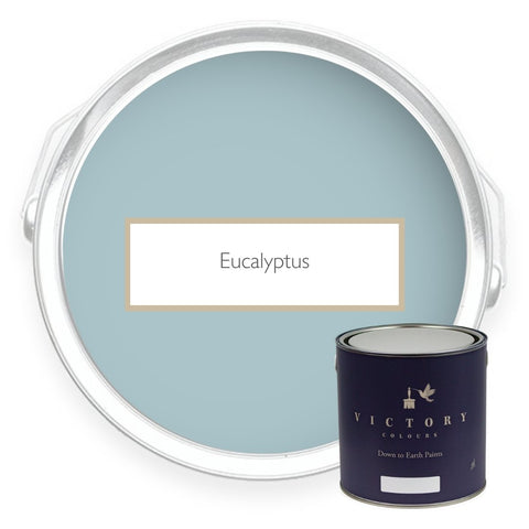 Two tins of Eucalyptus blue green eco paint from Victory Colours