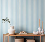 Simply Stripes Ticking Stripe Wedgewood wallpaper by Ohpopsi shown on a full wall