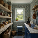 Blue floral wallpaper in a pantry, Flora Ditsy Cerulean by OHPOPSI, with joinery painted in Dart Frog