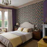 Blue floral wallpaper in a bedroom, Flora Ditsy Indigo & Coral by OHPOPSI, with joinery painted in Pure Sunshine