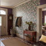Blue floral wallpaper in a hallway, Flora Midnight Blush by OHPOPSI, with joinery painted in Red Clover