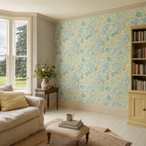 Teal floral wallpaper in a morning room, Flora Teal by OHPOPSI, with joinery painted in Pure Sunshine