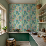 Blue botanical wallpaper in a pantry, Glasshouse Indigo & Pink by OHPOPSI, with joinery painted in Green Envy