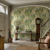 Green botanical wallpaper in a hallway, Glasshouse Sage & Chartreuse by OHPOPSI, with joinery painted in Meadow Lilly