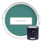 Two tins of Goose Green dark heritage green eco paint from Victory Colours