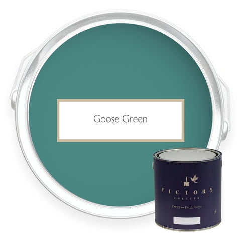 Two tins of Goose Green dark heritage green eco paint from Victory Colours