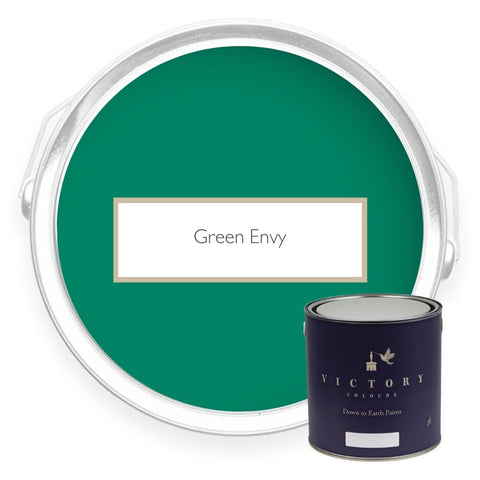 Two tins of Green Envy bold green eco paint from Victory Colours