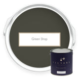 Two tins of Green Shop olive green eco paint from Victory Colours