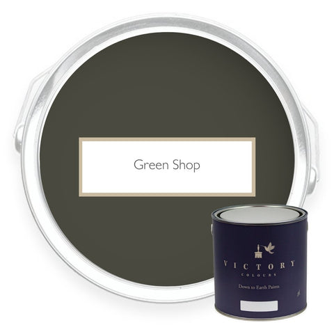 Two tins of Green Shop olive green eco paint from Victory Colours