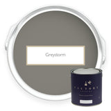 Two tins of Greystorm platinum grey eco paint from Victory Colours