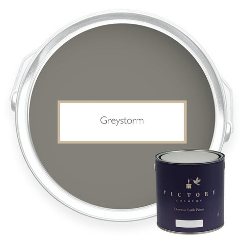 Two tins of Greystorm platinum grey eco paint from Victory Colours