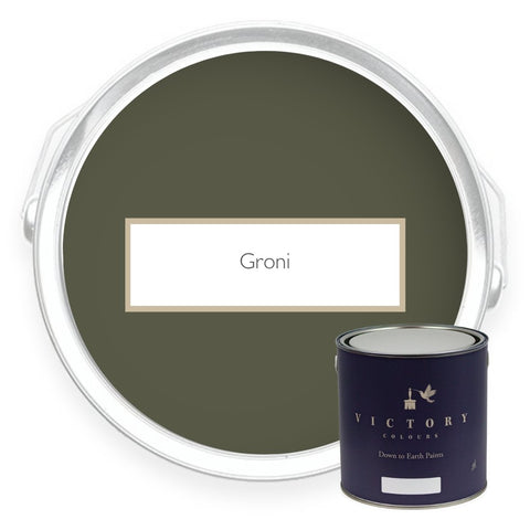 Two tins of Groni dark green eco paint from Victory Colours