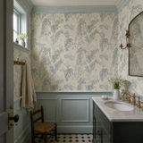 Blue floral wallpaper in a cloakroom, Hummingbird - Wedgwood by OHPOPSI, with joinery painted in Katniss