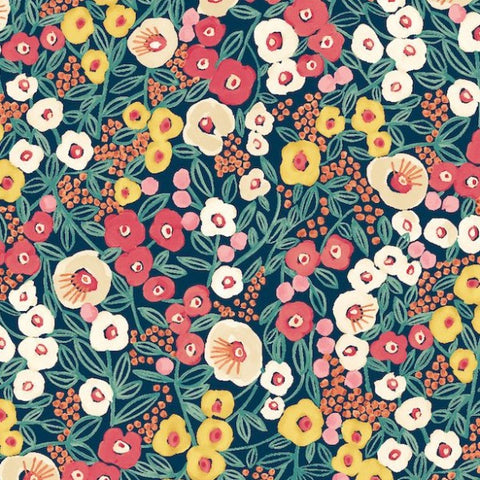 OHPOPSI Wallpaper Flora Ditsy Colourway Indigo & Coral Close Up Image