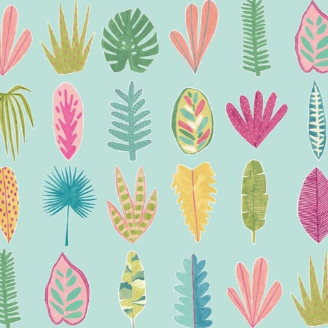 OHPOPSI Wallpaper Leaf Boogie Colourway Aqua & Raspberry Close Up Image